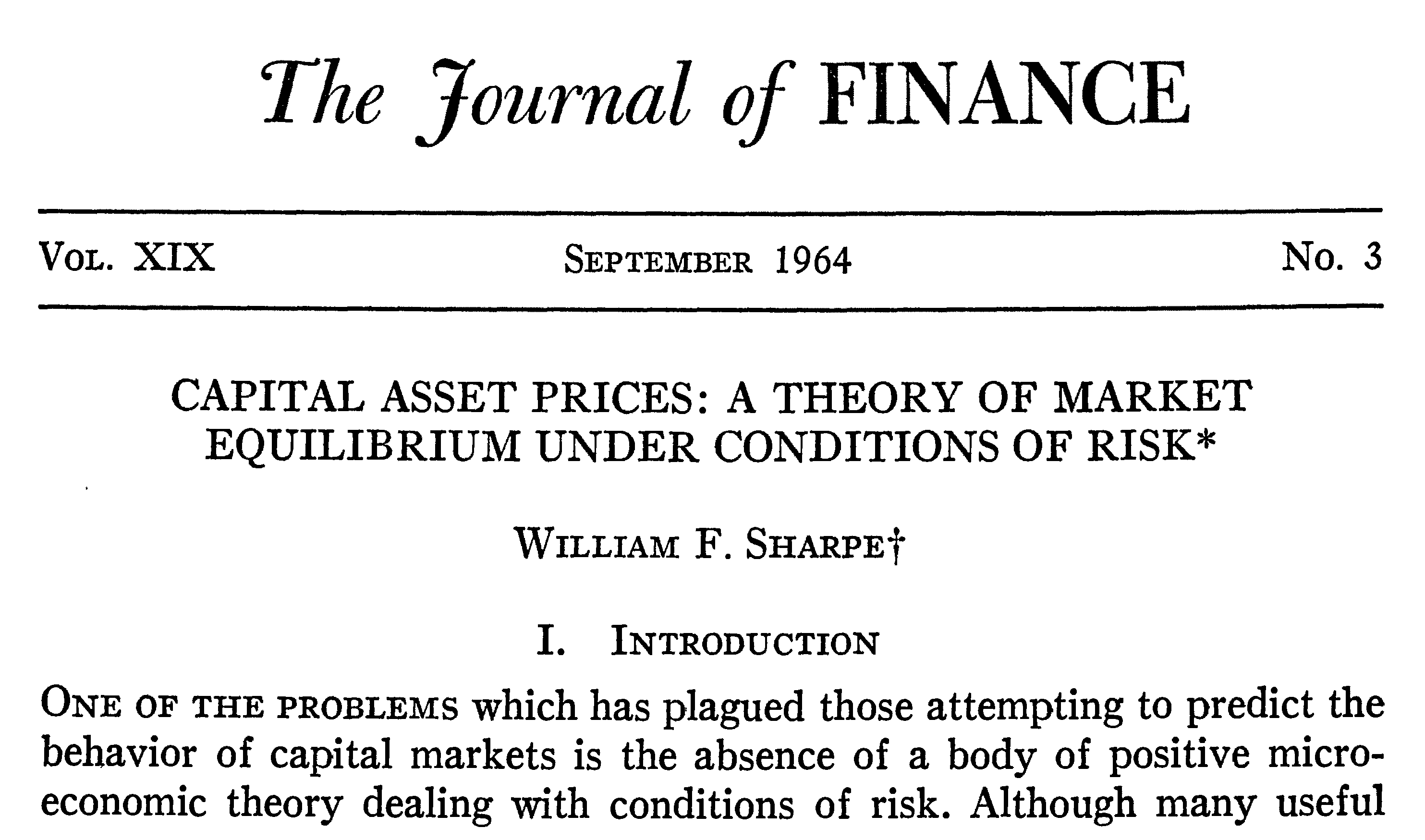 Figura 1. Primeras líneas del artículo de William F. Sharpe “Capital Asset Prices: A Theory of Market Equilibrium Under Conditions of Risk”.