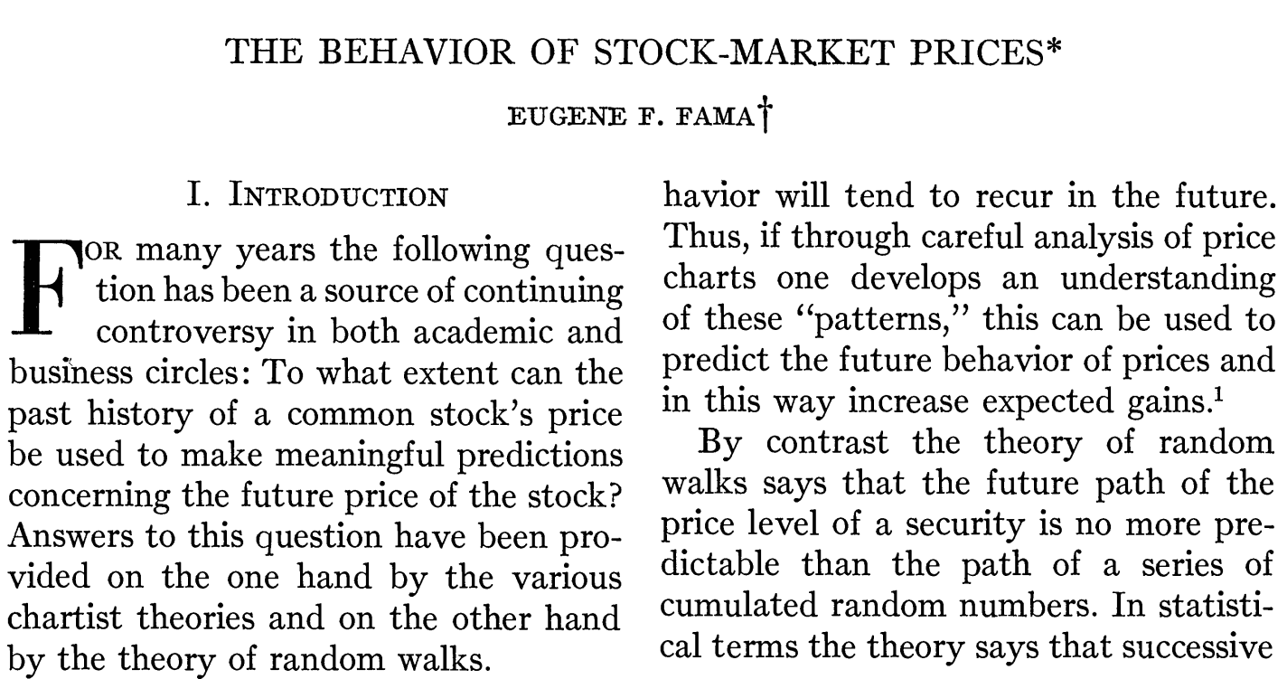 Figura 1. Primeras líneas del artículo de Eugene Fama “Behavior of Stock-Market Prices”, &quot;The University of Chicago Press&quot;, volumen 38, páginas 34-105 (1965).